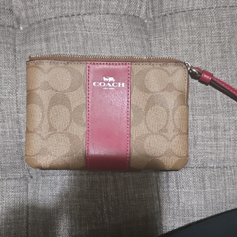 Coach Tan and Red Signature Wristlet